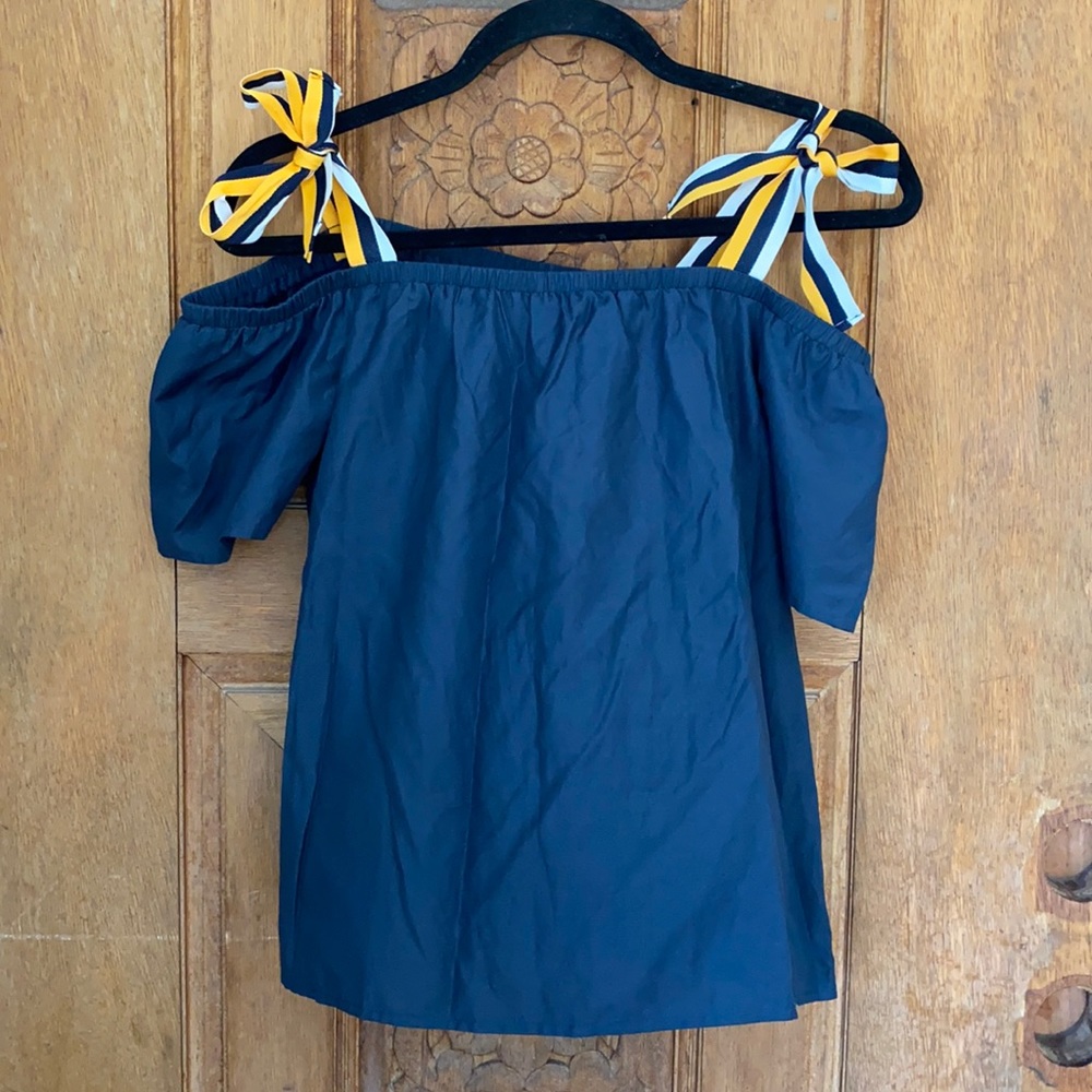 DRA blouse tie ribbon straps off shoulder blue yellow